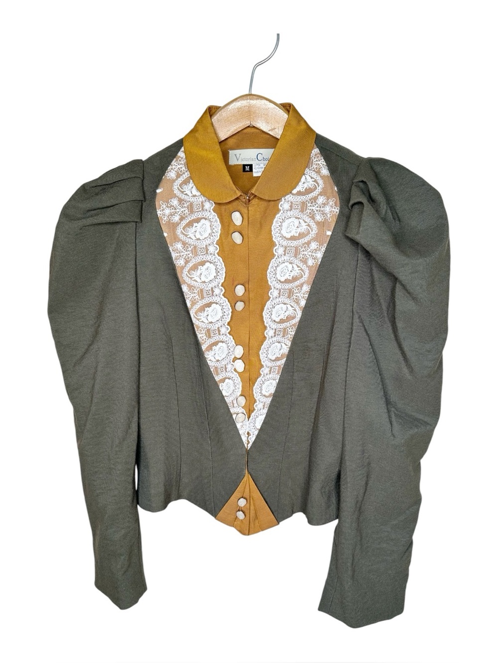 Victorian Choice Edwardian Jacket Size Medium Lace Trim Puff Shoulders Green